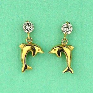 14k Solid Gold Dolphin Screw Back Stud Earring with Sparkling Birthstone